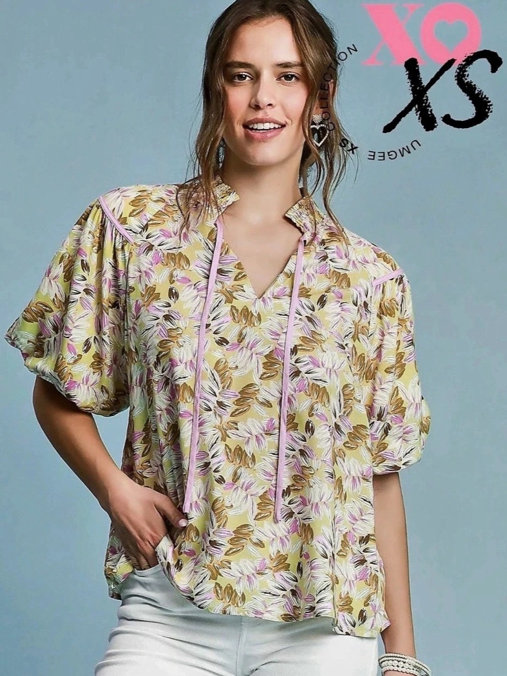 NWT Umgee Floral Puff Sleeve Blouse Pink & Yellow  XS